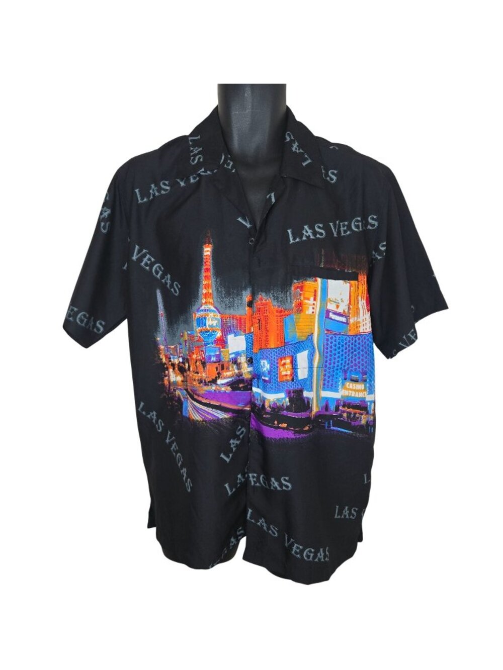Las Vegas Night Scene Hawaiian Shirt Short Sleeve Black Mens Size M